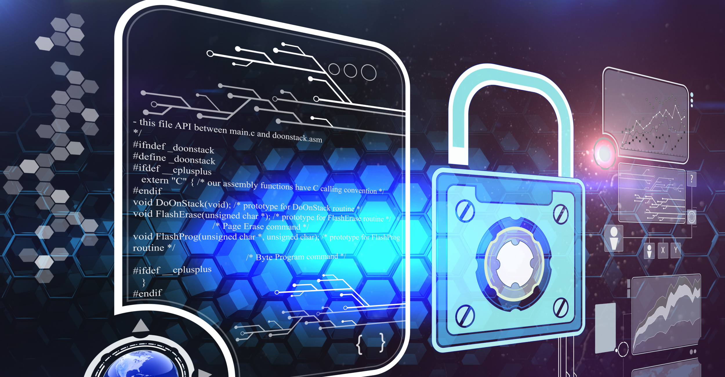 The image shows a large digital lock icon, surrounded by programming code and graphics symbolizing computer security.