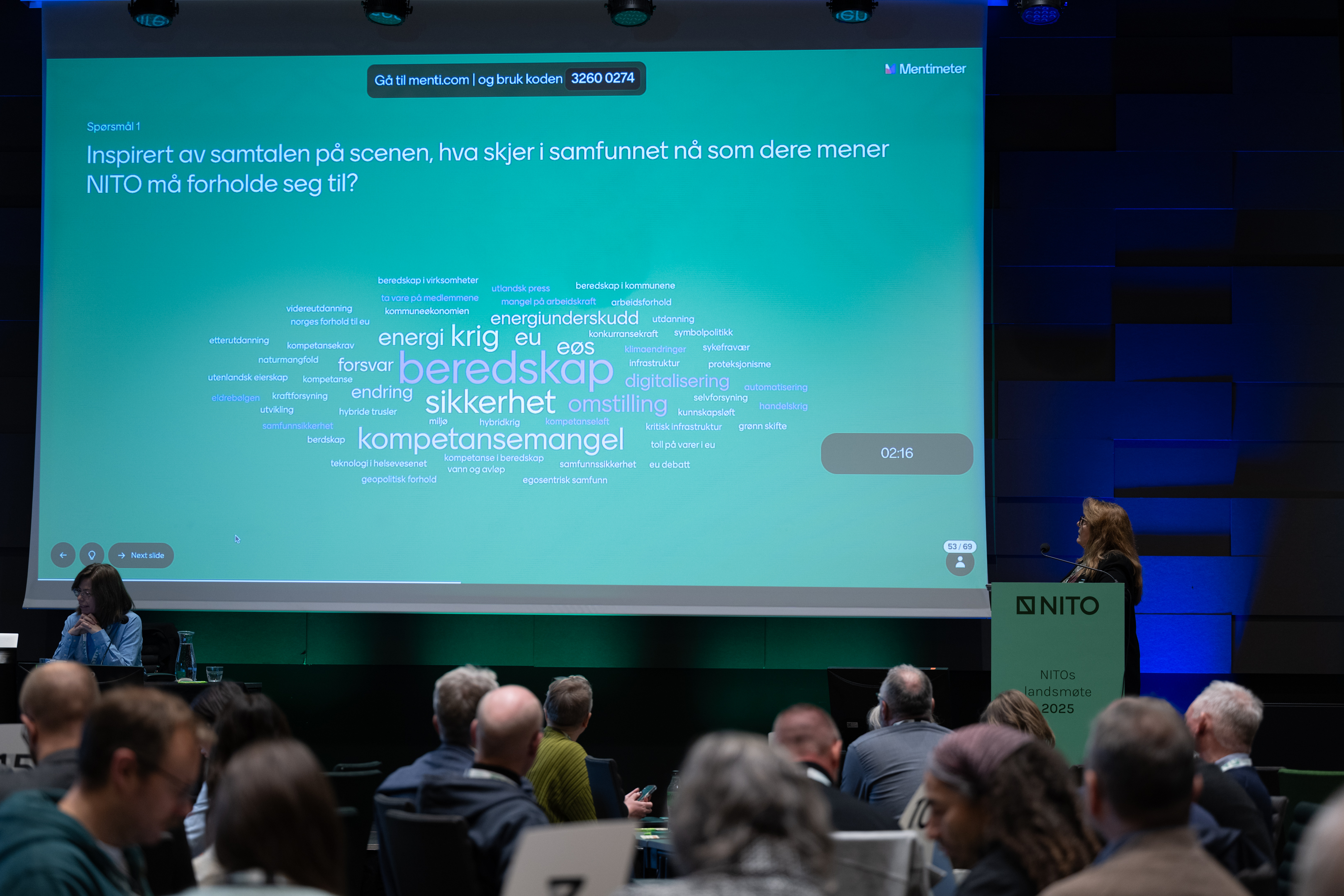 Scenebilde fra NITOs landsm&oslash;te 2025. P&aring; lerretet kan man lese hvilke saker NITO-medlemmene i salen er opptatt av.