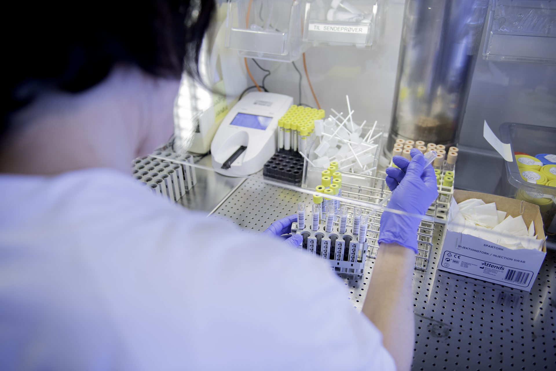 Biomedical laboratory technicians work in a laboratory, surrounded by test tubes and other laboratory equipment.
