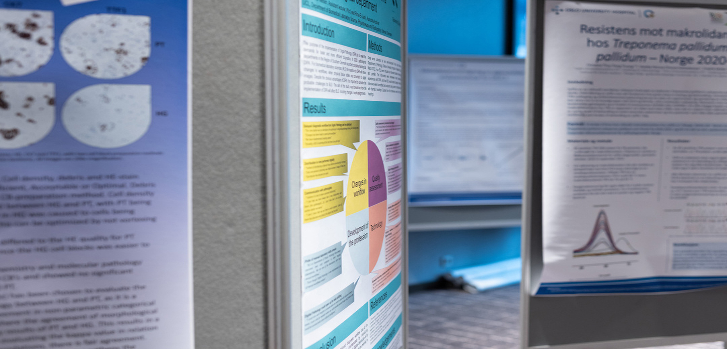 Bildet viser en gruppe mennesker som står i et lokale med flere plakater. Plakatene inneholder informasjon, diagrammer og illustrasjoner som er en del av en utstilling.