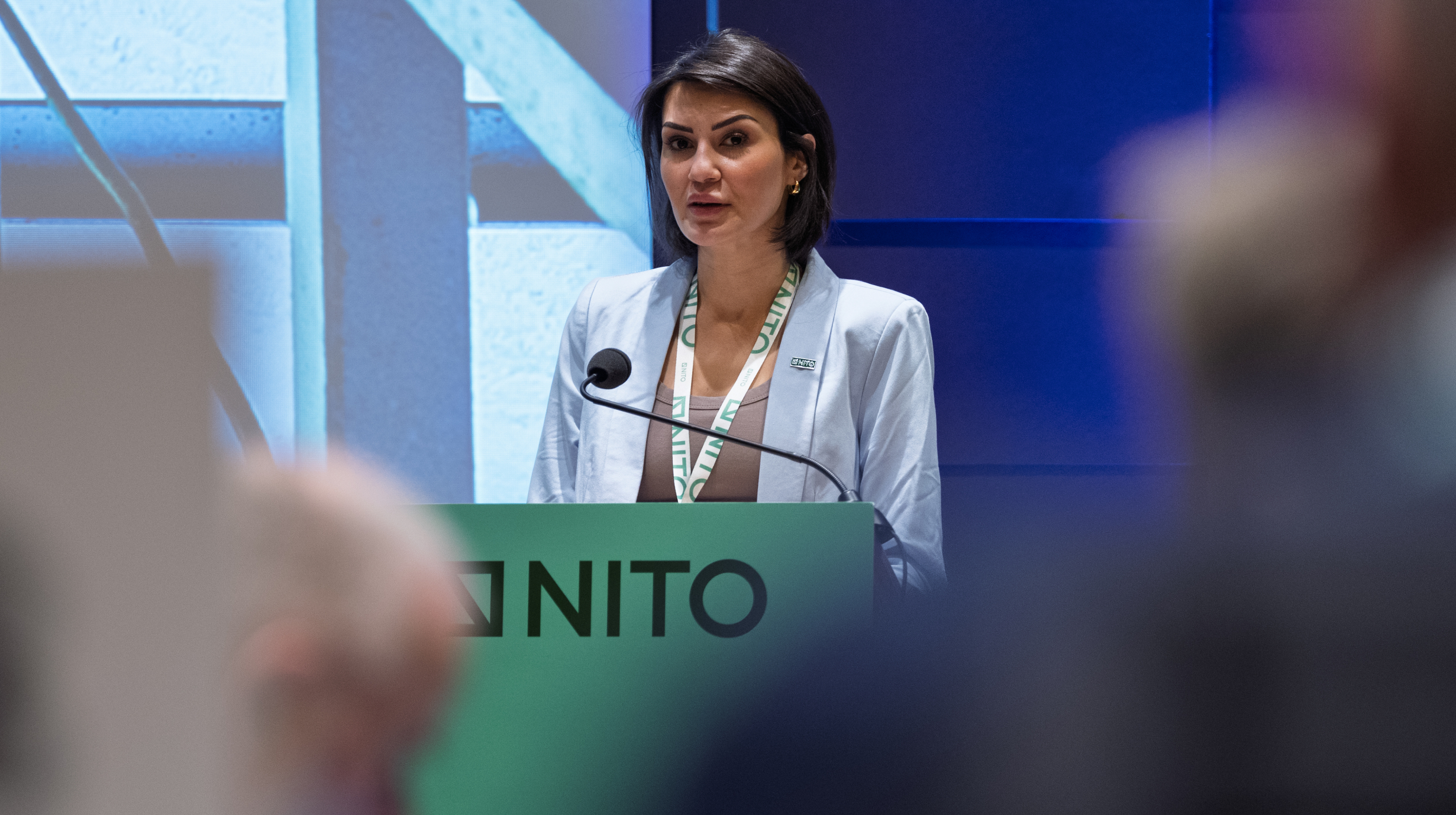 Vice President of NITO, Safina de Klerk at the podium during NITO's national meeting 2025