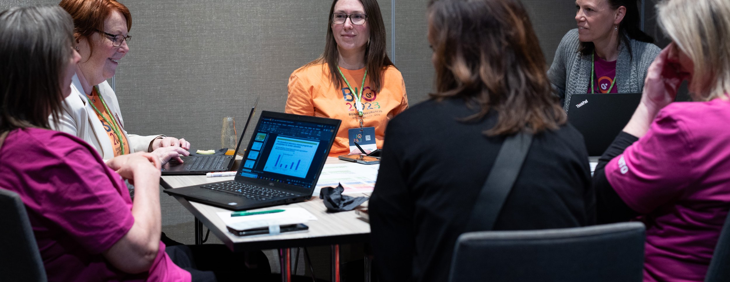 The picture shows a group of women sitting at a table. A computer is open and they are busy with committee work.