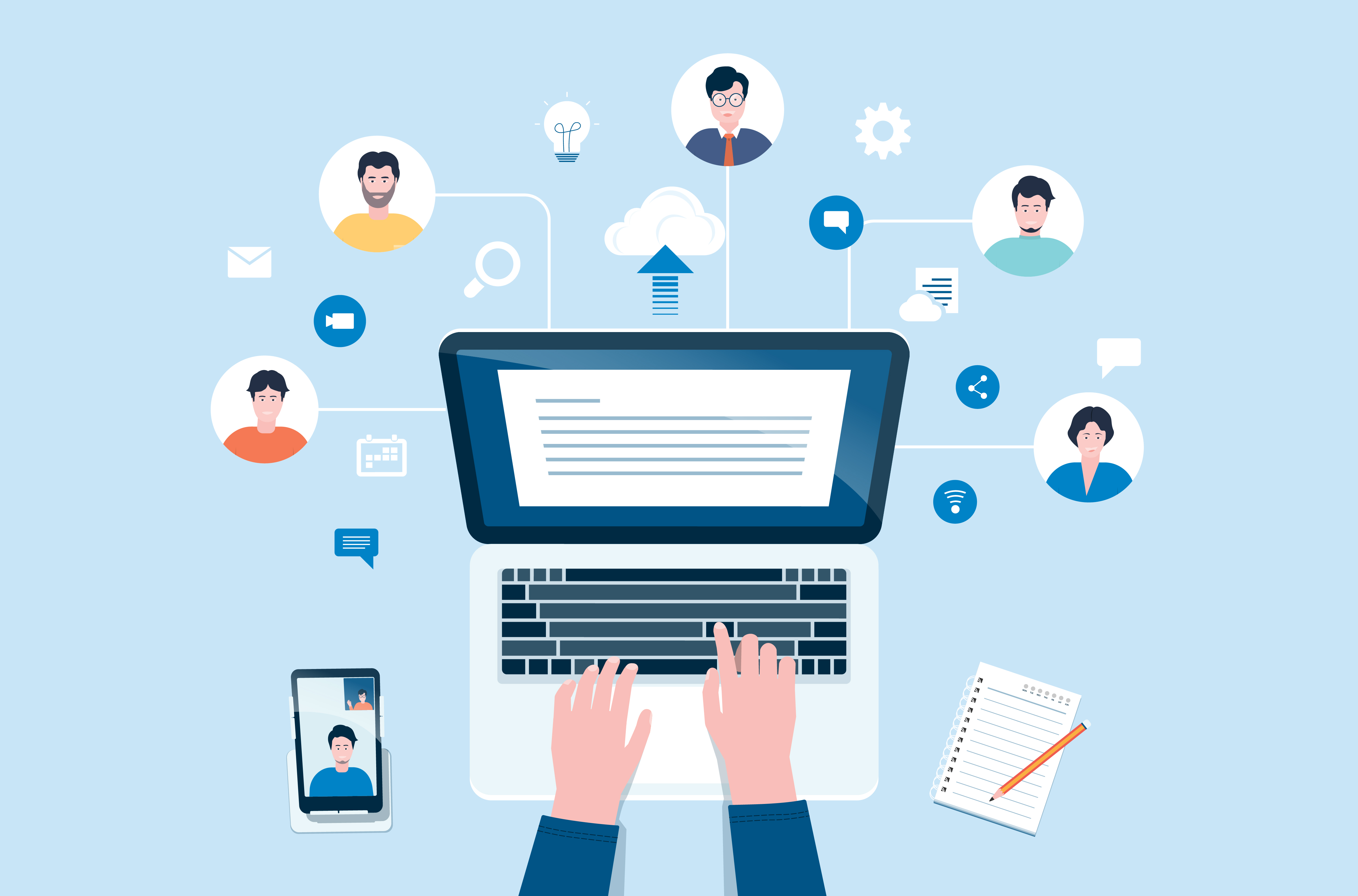 Datamaskin med ideer i sirkel rundt