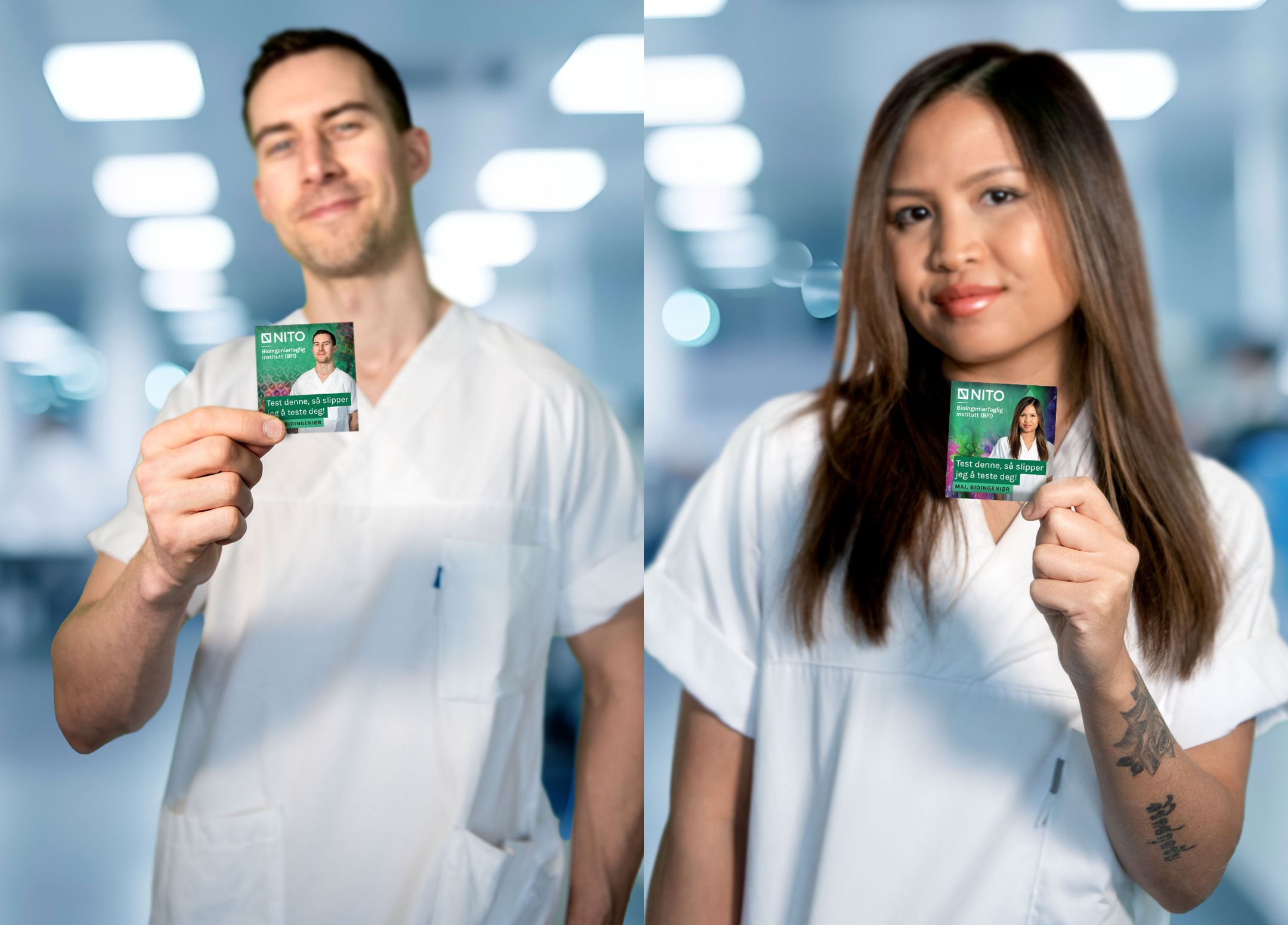 En mannlig og kvinnelig bioingeni&oslash;r son viser fram hver sin kondompakke