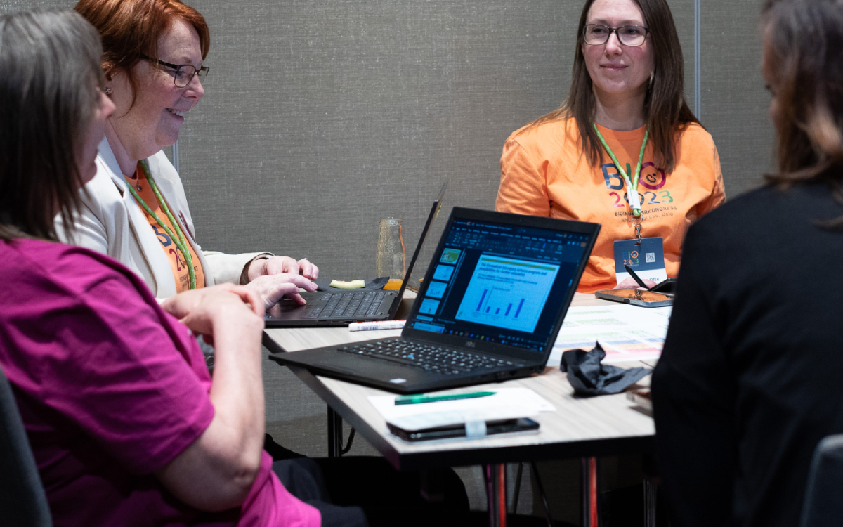 The picture shows a group of women sitting at a table. A computer is open and they are busy with committee work.