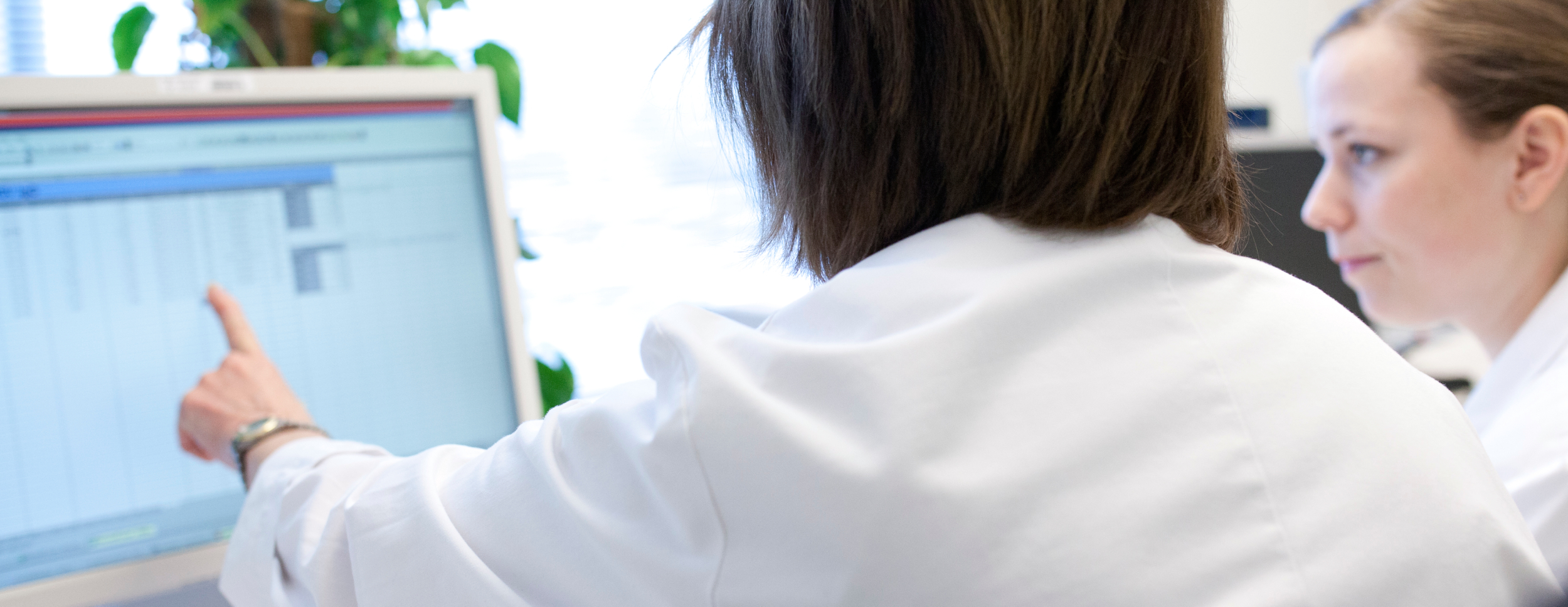 Two female bioengineers in one office environment. One points and explains something on a computer screen to the other.