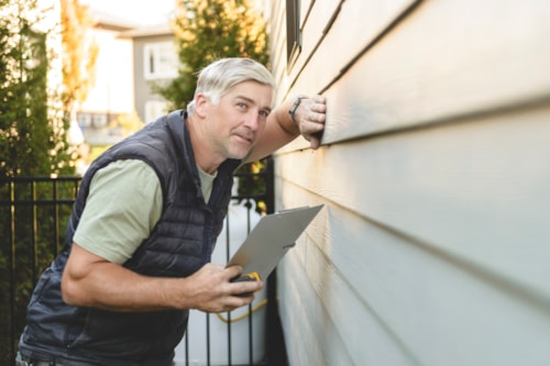 Image of an appraiser doing an inspection of a house wall