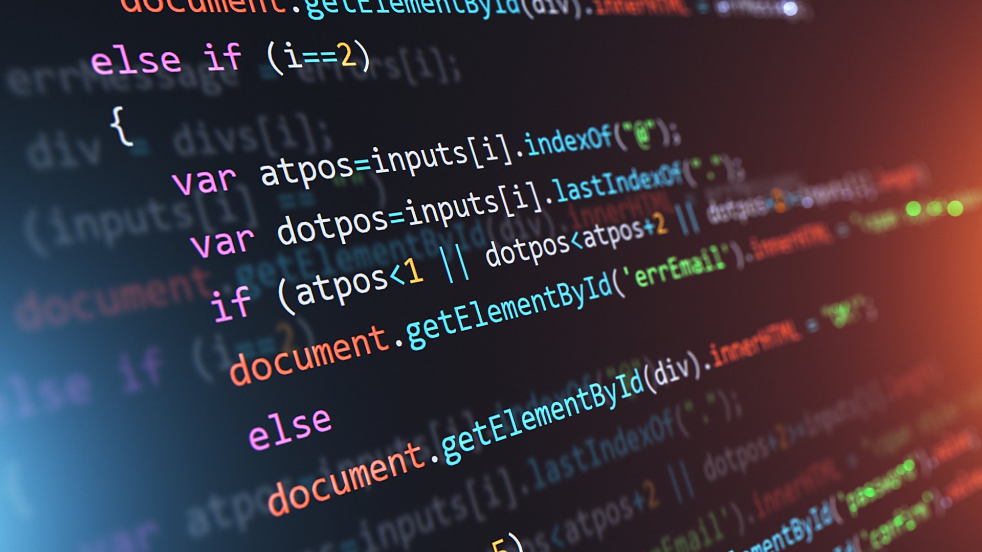 The image shows programming code in different colors on a dark background, symbolizing technology and computing.