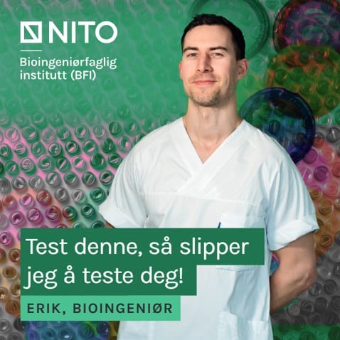 Mannlig bioingeni&oslash;r som smiler. Innfelt tekstblokk i bilde med budskapet "Test denne, s&aring; slipper jeg &aring; teste deg."