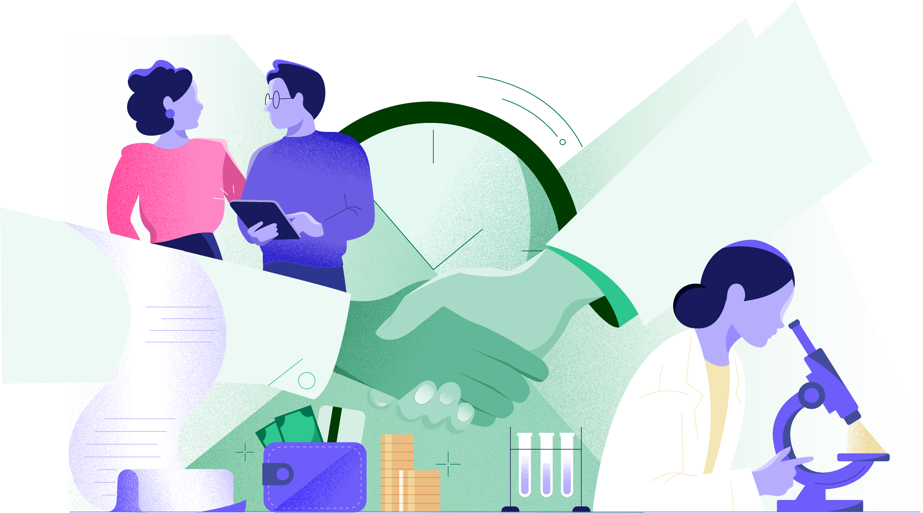 Illustration: On the left, two colleagues are talking over an iPad, on the right a woman looking through a microscope, they are split by a handshake in the foreground. Illustrates different types of working conditions.