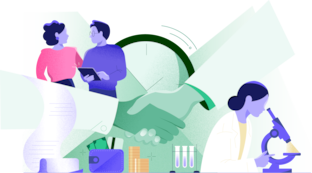Illustration of four engineers and technologists in different work situations: two people collaborating on a document, one person analysing with a magnifying glass, and one person doing research with a microscope. The illustration includes visuals such as graphs and bar graphs