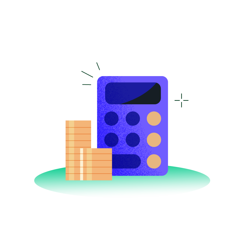 Illustration of a calculator and a stack of coins, symbolizing the calculation and payment of travel time in connection with work.